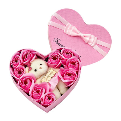 Heart-shape Soap Flower Gift Box Valentines Day Scented Rose Petals with Bear