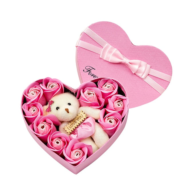 Heart-shape Soap Flower Gift Box Valentines Day Scented Rose Petals with Bear