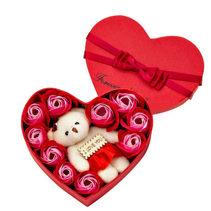 Heart-shape Soap Flower Gift Box Valentines Day Scented Rose Petals with Bear