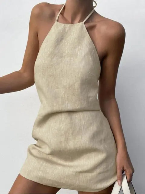 Cotton And Linen Backless Mini Halter Dress