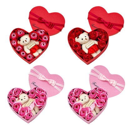 Heart-shape Soap Flower Gift Box Valentines Day Scented Rose Petals with Bear