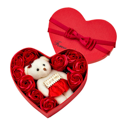 Heart-shape Soap Flower Gift Box Valentines Day Scented Rose Petals with Bear